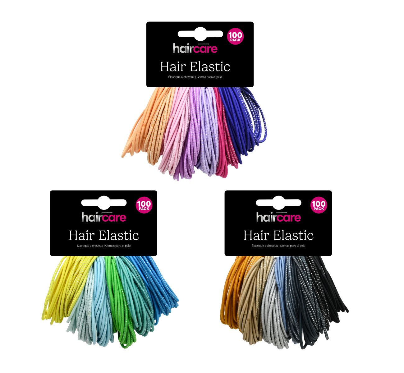Hair Elastic Fine 100 Pack 3 Assorted