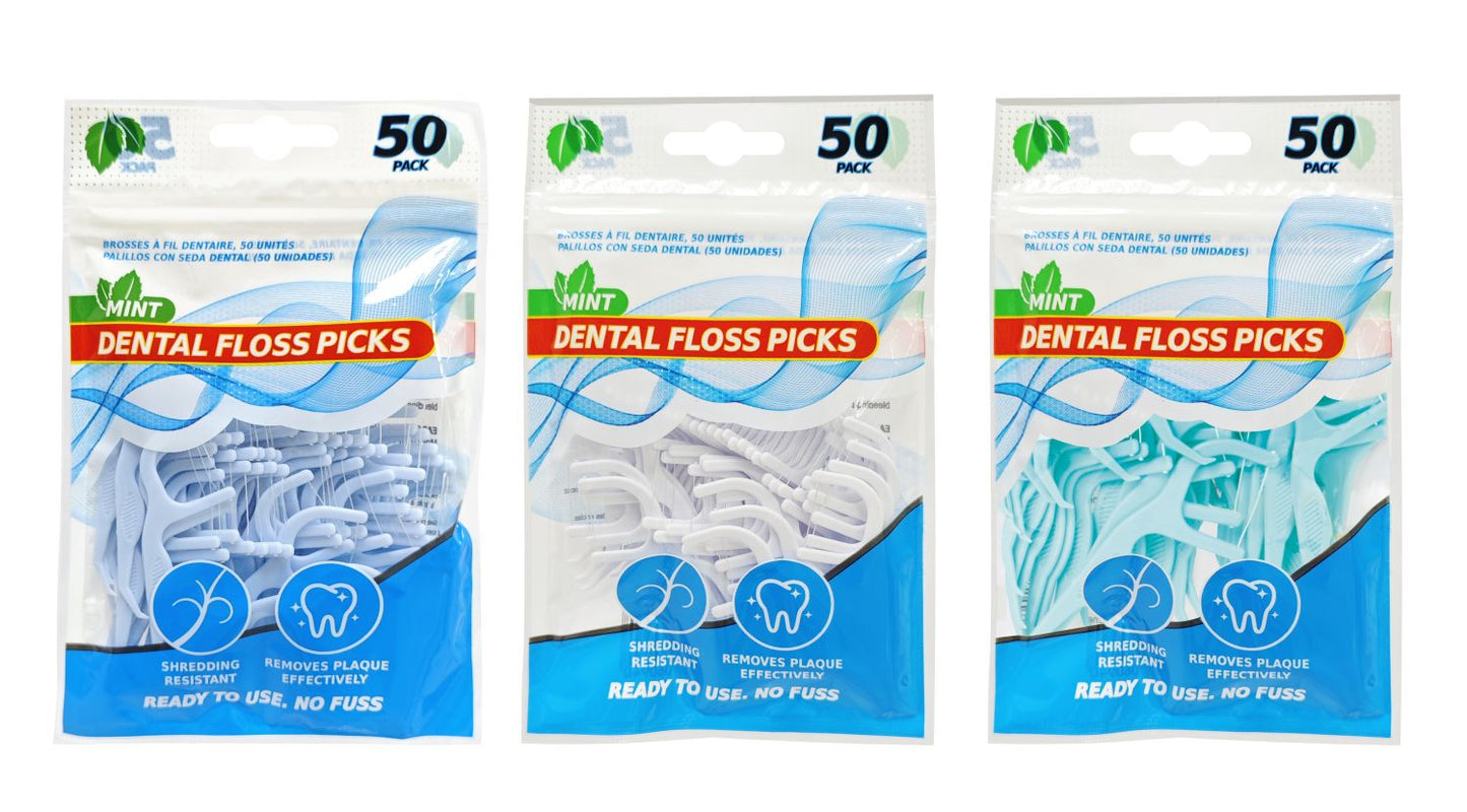 Dental Floss Pick 50 Pack 3 Assorted Colours