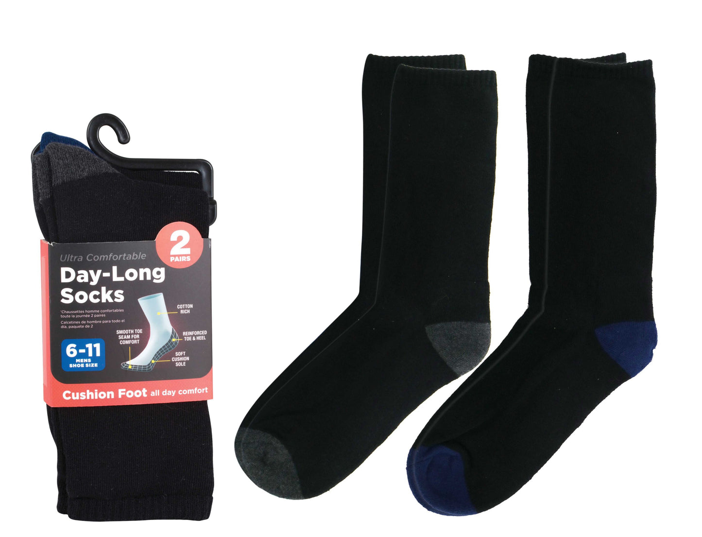 Day-Long Socks Mens 6-11 2 Pairs 2 Assorted Colours