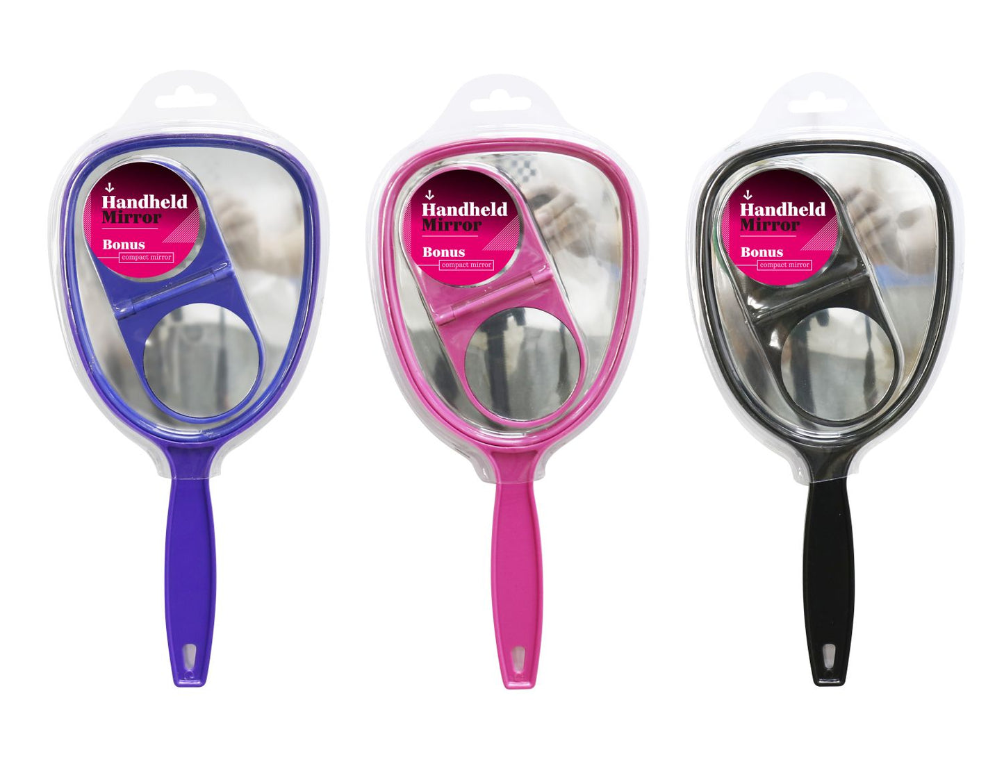 Handheld Mirror & Bonus Compact Mirror 3 Assorted Colours