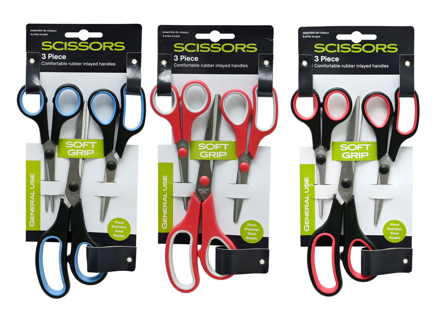 Scissors Soft Rubber Grip 3 Pack 3 Assorted Colours