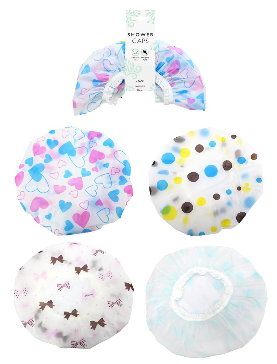 Printed Shower Caps 28cm 4-Pack - 4 Designs