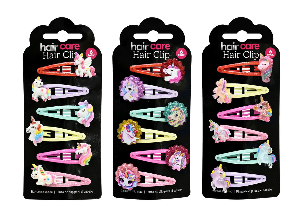 Unicorn Hair Snap Clip 6 Pack 3 Assorted