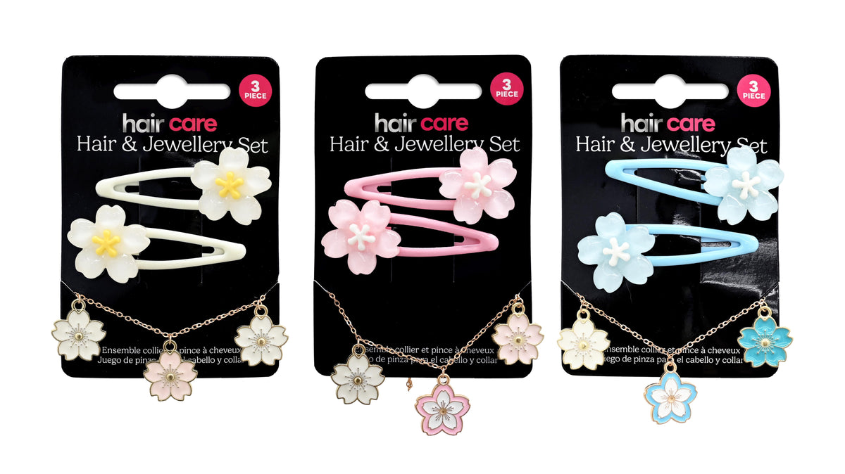 Hair Clip & Necklace 3 Piece Set 3 Assorted