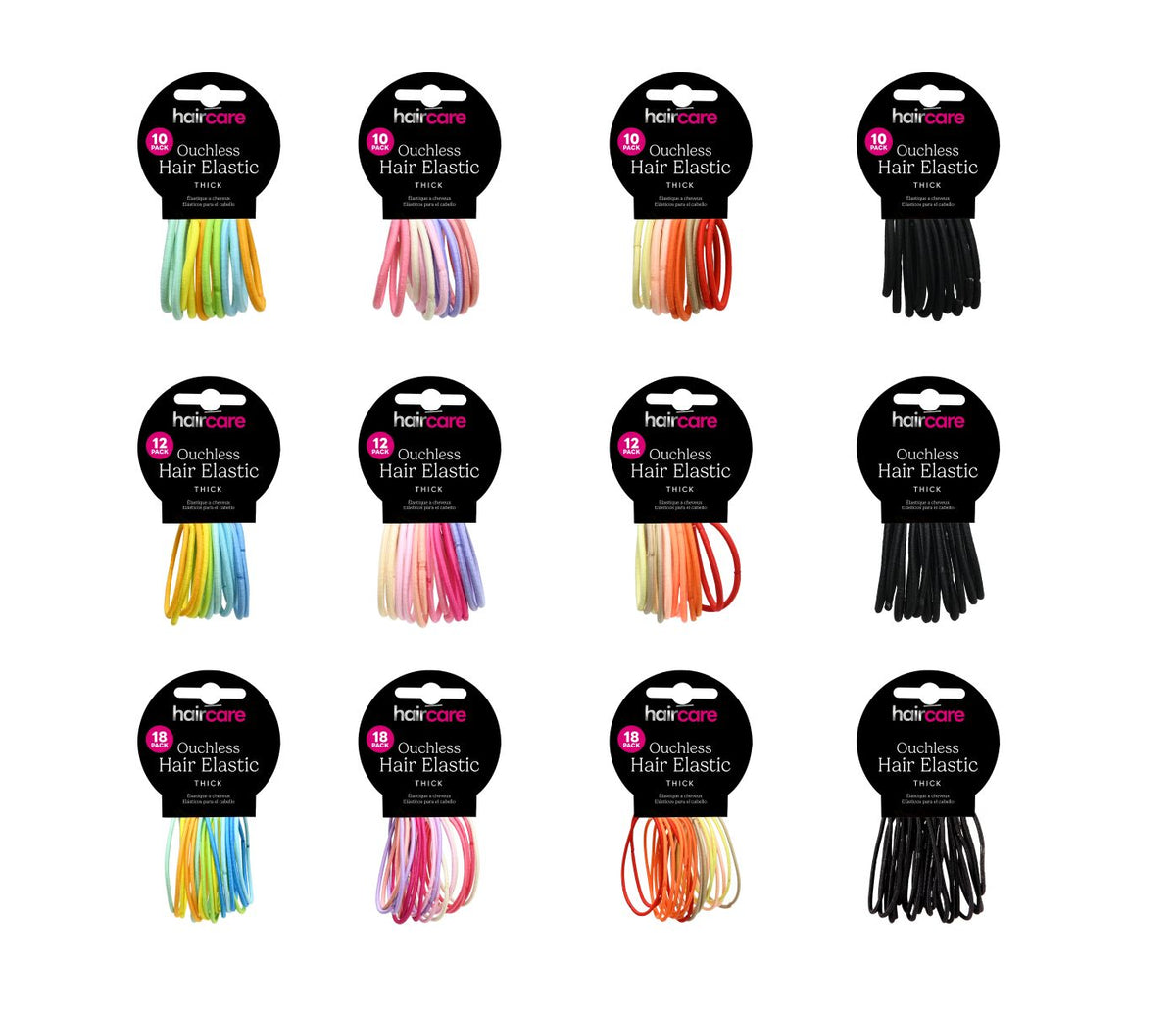 Ouchless Hair Elastics 12-Pack - 3 Thicknesses