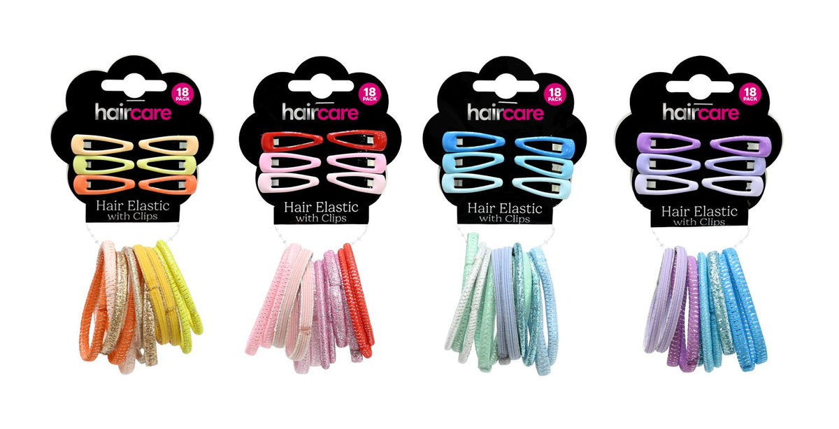 Glitter Hair Elastics with Clips 18-Pack - 4 Assorted