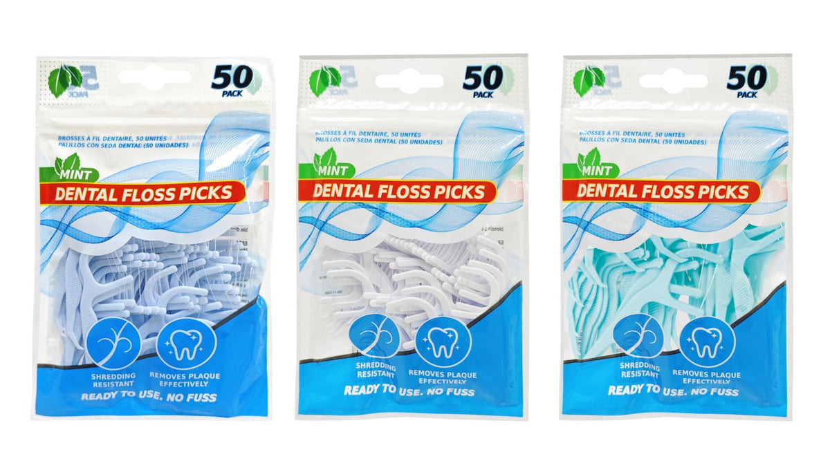 Dental Floss Picks 50-Pack - 3 Assorted Colors