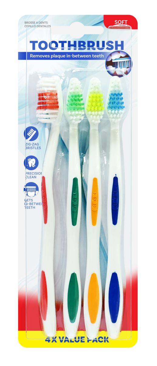 TOOTHBRUSH FLEXI HANDLE 4 PACK ASSORTED COLORS
