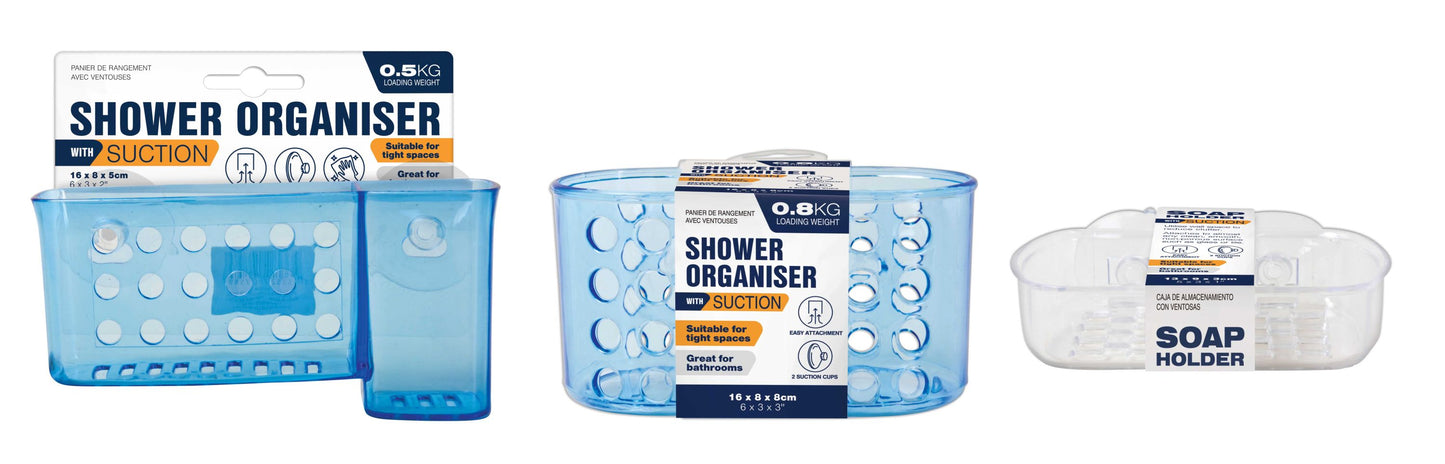 Shower Organiser 3 Assorted Shapes with Suction 2 Colours
