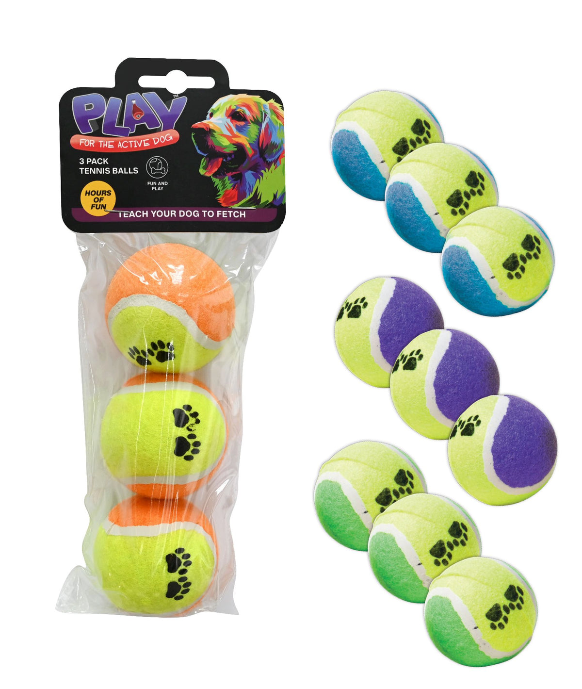 Tennis Balls Paw Print 3-Pack - 4 Assorted Colors