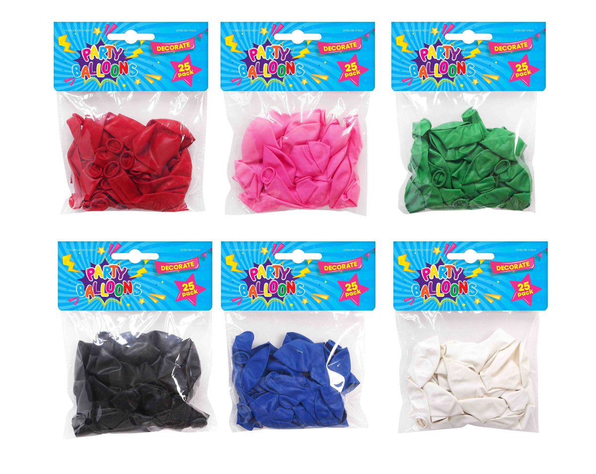 Solid Color Balloons 25-Pack - 6 Assorted Colors