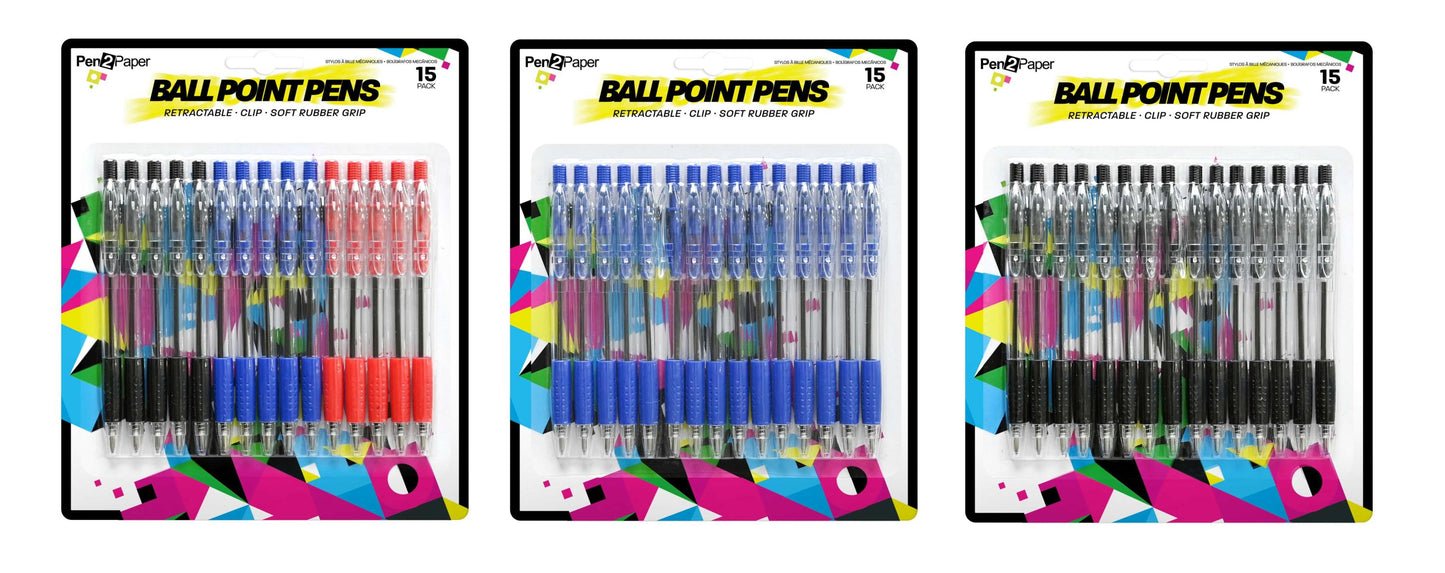 Ball Point Pens With Soft Grip 15 Pack 3 Assorted