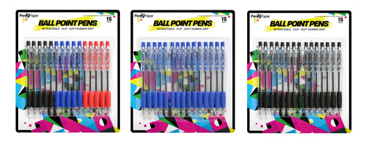 Ball Point Pens With Soft Grip 15 Pack 3 Assorted