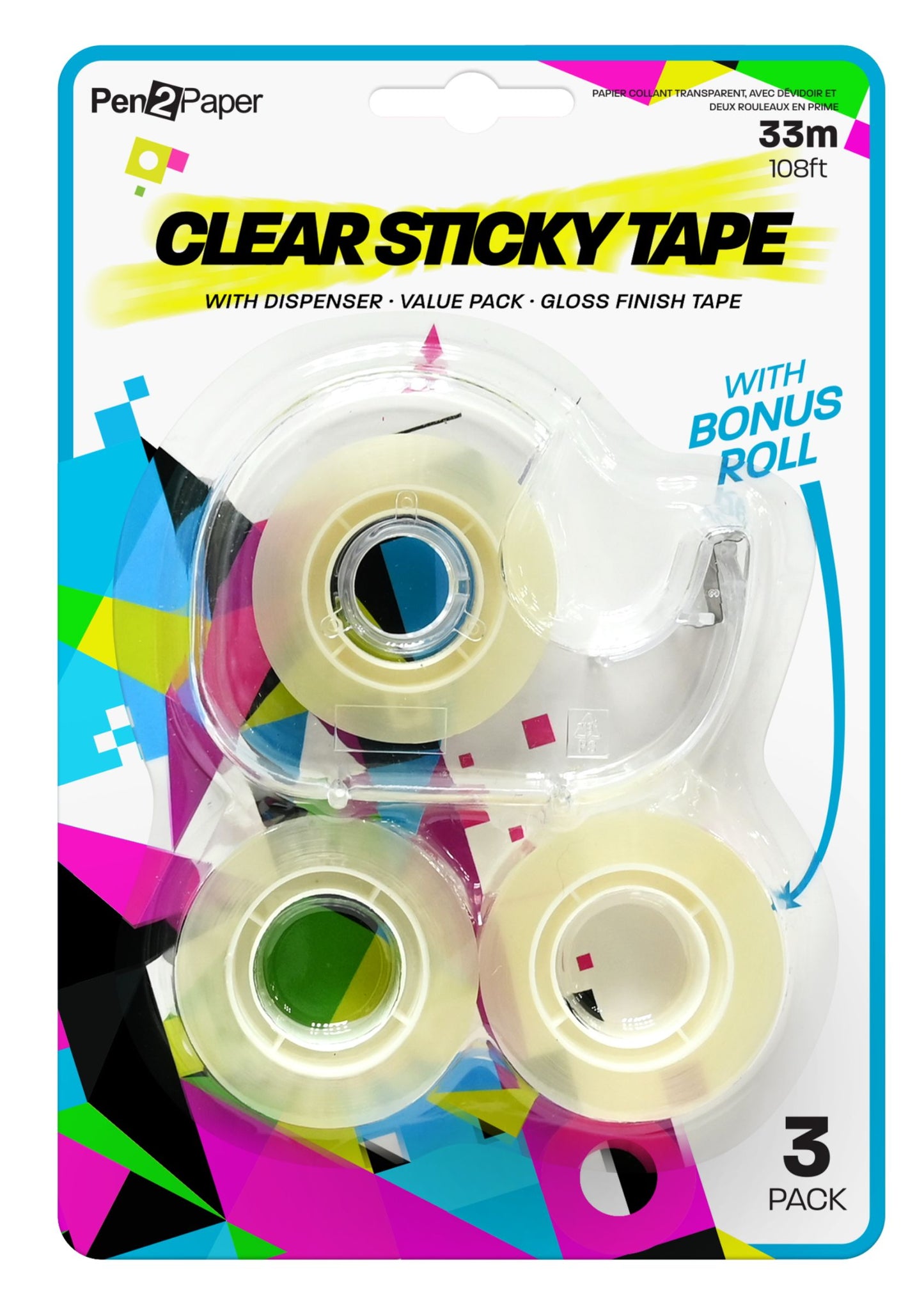 Sticky Tape with Dispenser 33m Roll 3 Pack