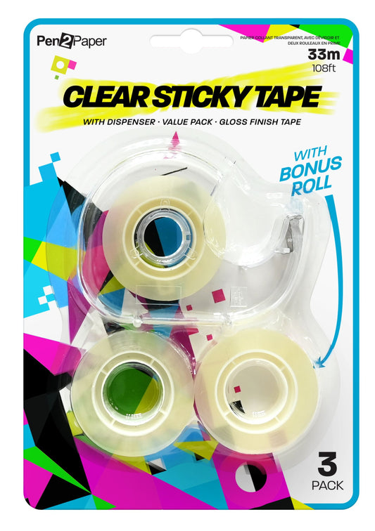Sticky Tape with Dispenser 33m Roll 3 Pack